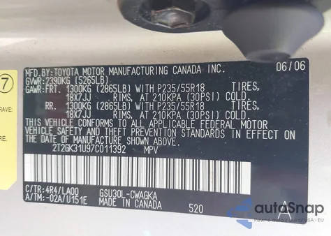 2007 Lexus Rx 350 from USA, damaged, VIN 2T2GK31U97C011392